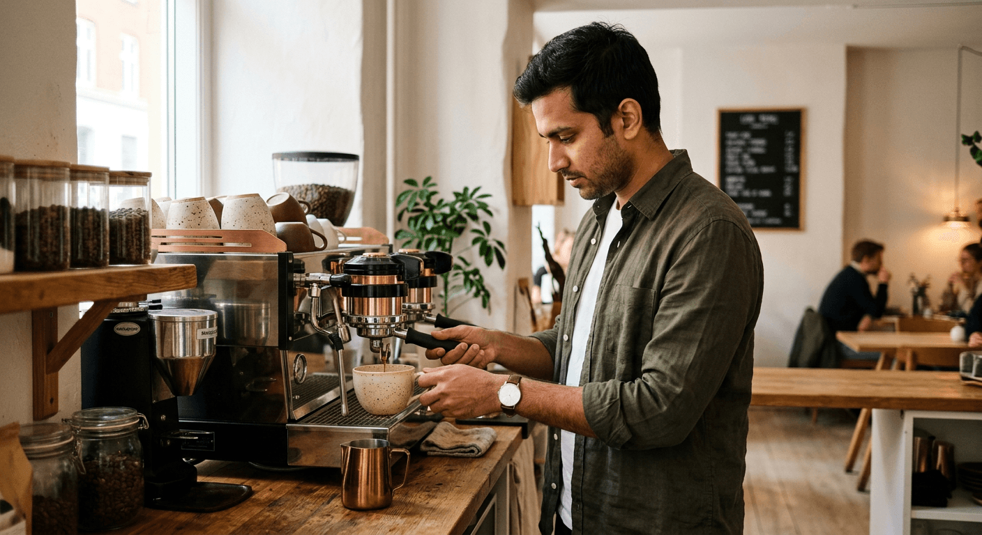 John Deo making coffee at the espresso machine in the Kaffi shop