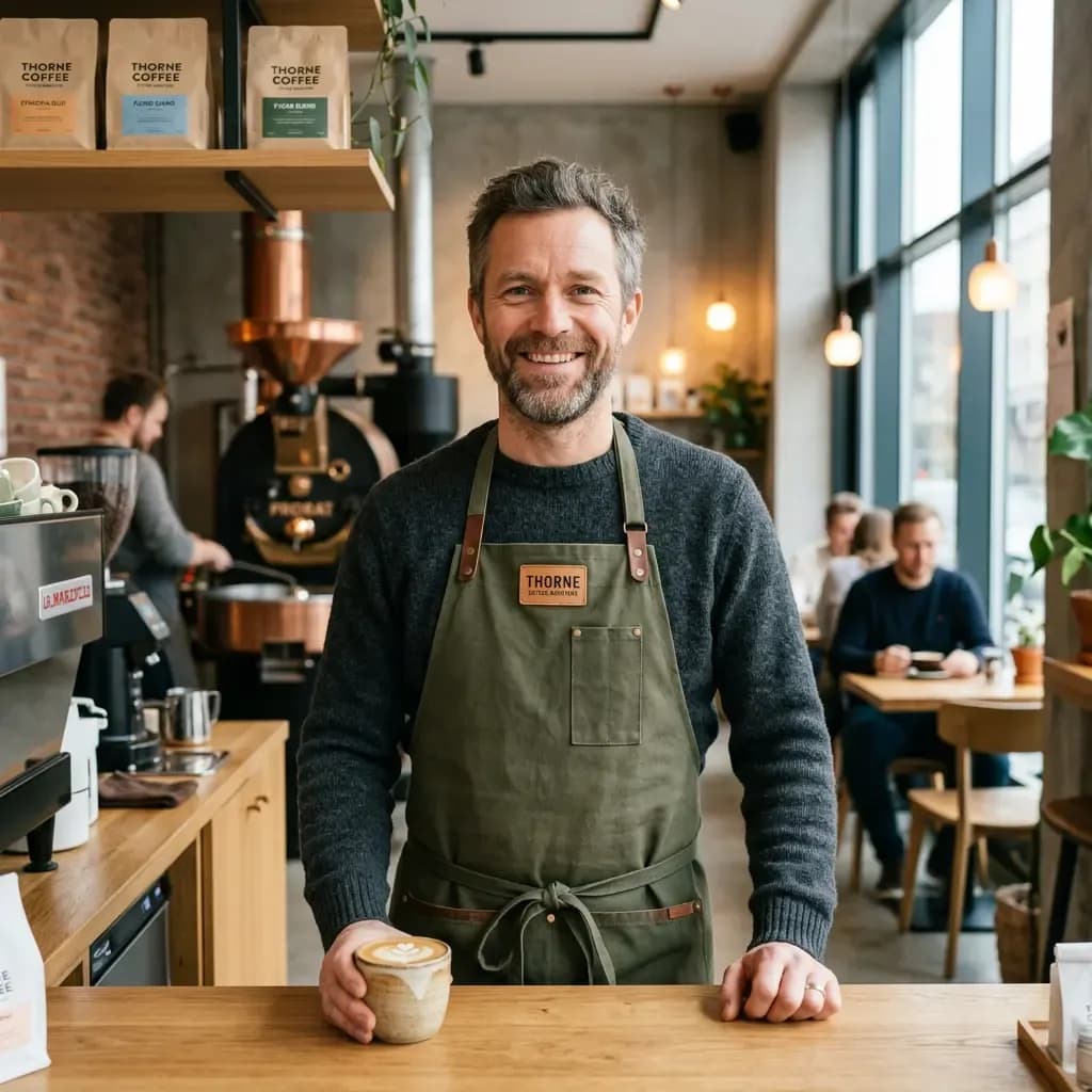 John Deo, Co-founder & Head Roaster of Kaffi, standing in the Nordic minimalist coffee shop