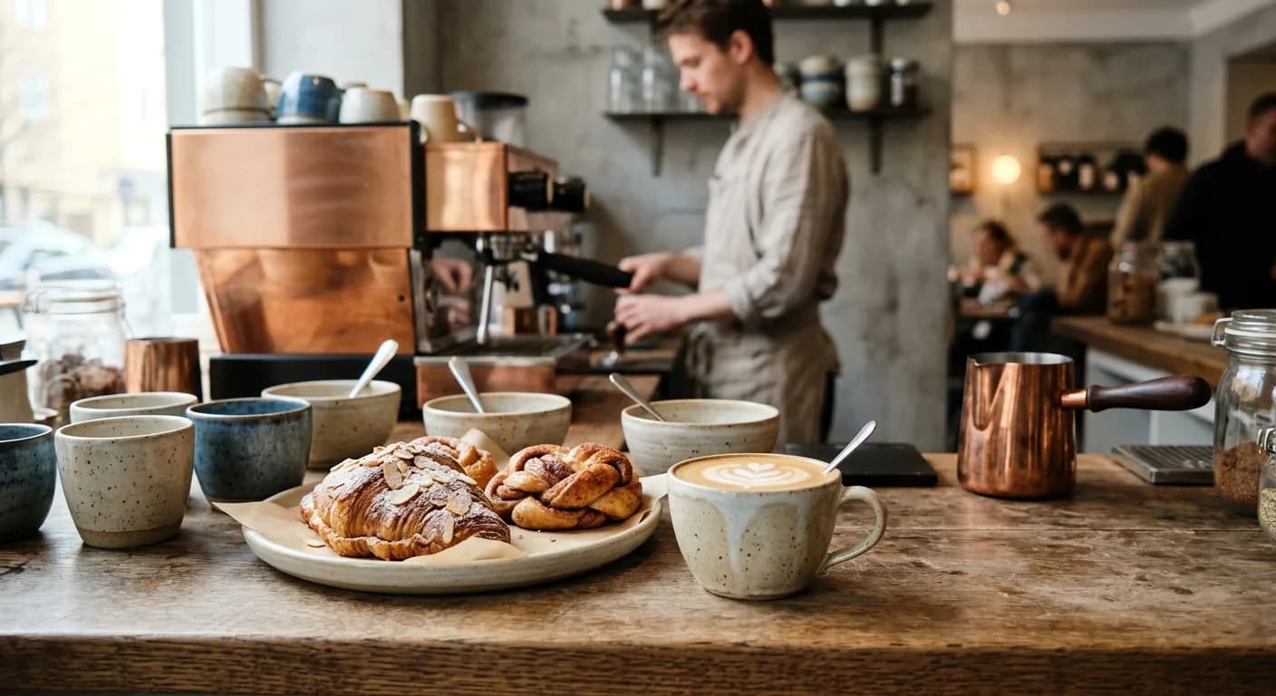 Ceramic cups and pastries on the café counter