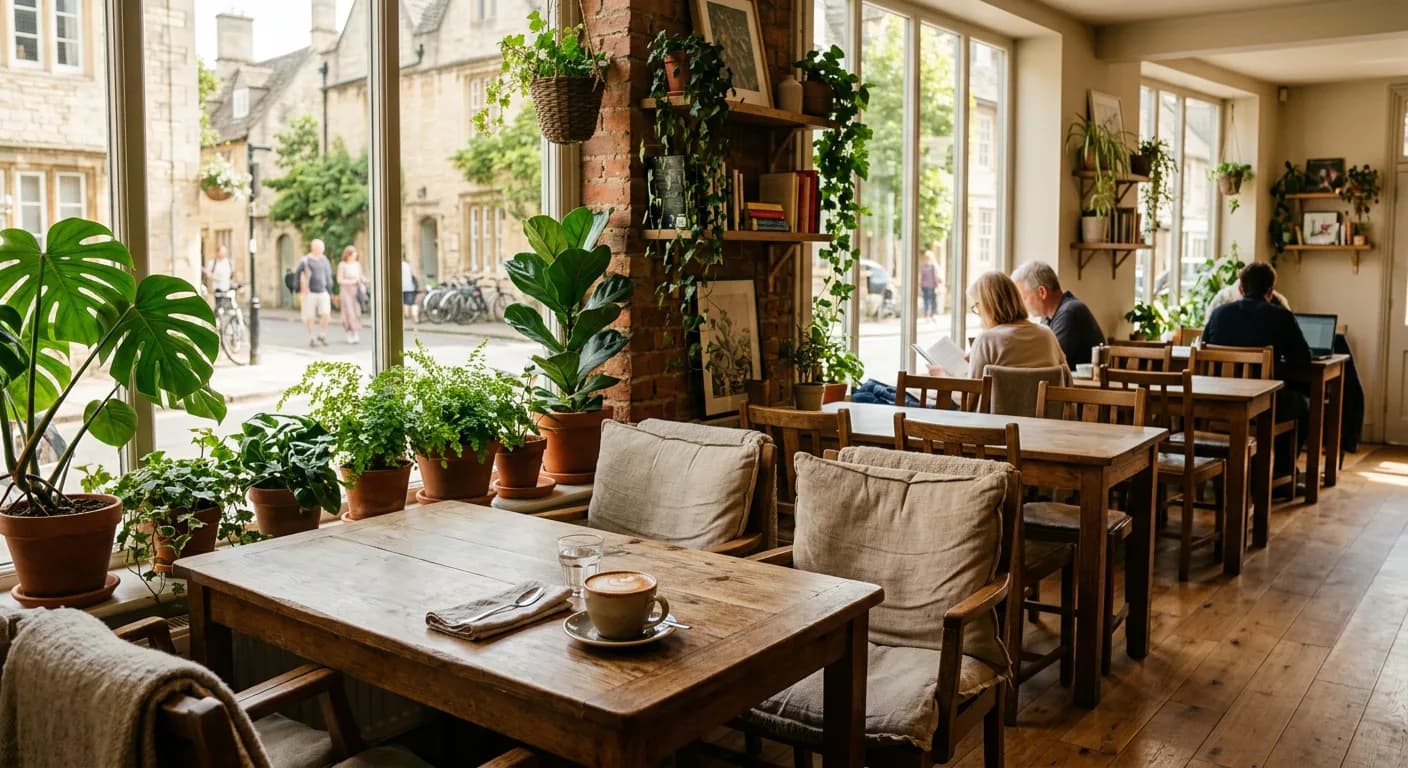 Wooden tables and window seating in the café